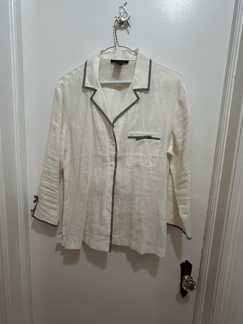 Anne Carson Cream Blouse with Black Piping